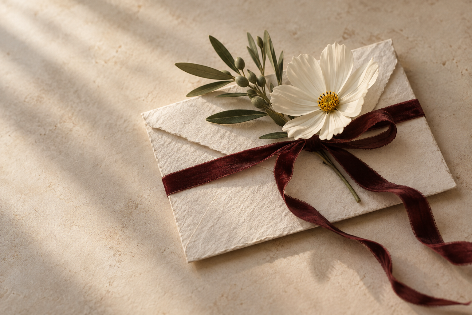 An ivory envelope tied with burgundy ribbon, with a cream flower and olive sprig